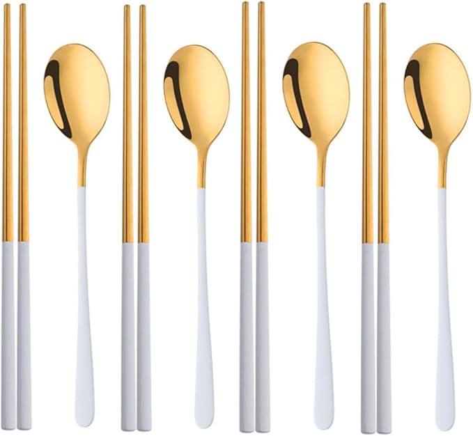 TEHAHA Reusable Korean Chopstick and Spoon Set,4 Sets Long Handle Stainless Steel Spoon and Chopsticks Set, 8 Pieces Metal Chopsticks Dishwasher Safe,White Gold.
