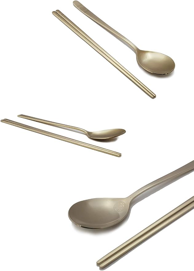 [5 Sets] [Made in Korea] Korean Sticky Rice Spoon Chopsticks Set Gold Titanium Plating 304 Stainless Steel Tableware Cutlery Set Mukbang Chopsticks (Cosmos TITANIUM, 5 Sets)