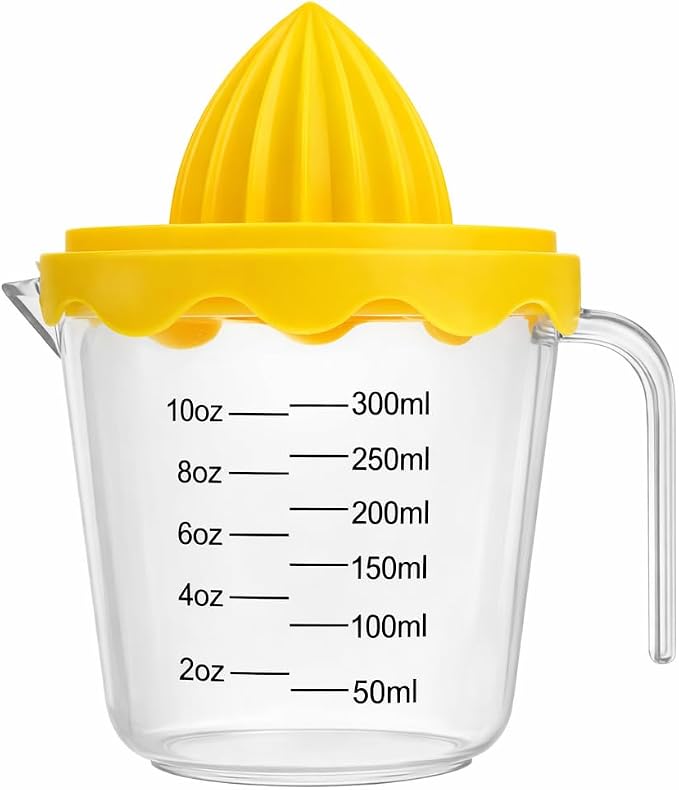 Manual Citrus Juicer with 10oz 300ml Measuring Cup, Lemon Lime Orange Reamer with Built-In Strainer, BPA Free Hand Squeezer with Pour Spout & Handle