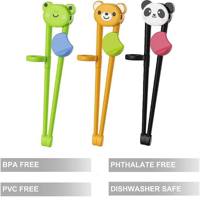 PandaEar 3 Pairs Animal Toddler Training Chopsticks for Kids, Reusable Beginners Learning Chopsticks with Silicone Finger Guide, Frog, Bear & Panda Helpers for Boys and Girls Ages 2-8