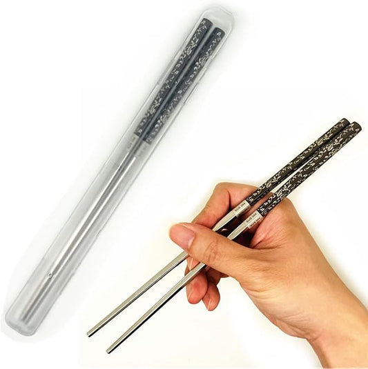 1Pairs Metal Chopsticks 304 Stainless Steel Chopsticks Set,Flower Metal Chop sticks Reusable, Dishwasher Safe,Anti-slip ,9.25inch (Black)