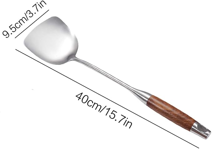 Professional Chinese Wok Spatula, 15.7 In 18/10 Stainless Steel Wok Utensil | with Heat-Resistant Wooden Handle for Stir-Fry & Asian Cooking