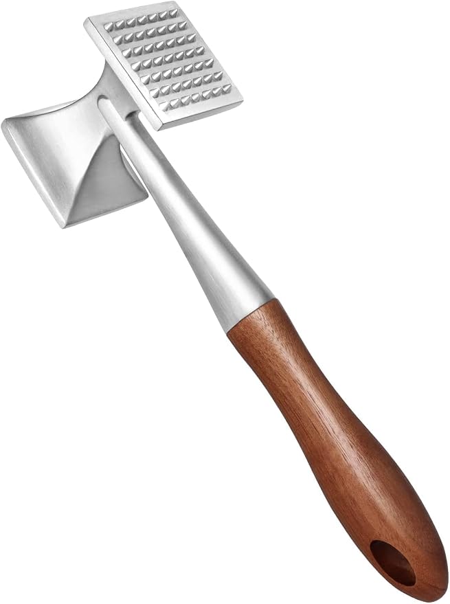 Meat Tenderizer, Meat Hammer, Heavy Duty Steak Hammer with Wooden Handle and Food-Grade Zinc Alloy, 2 in 1 Meat Mallet, 26 CM
