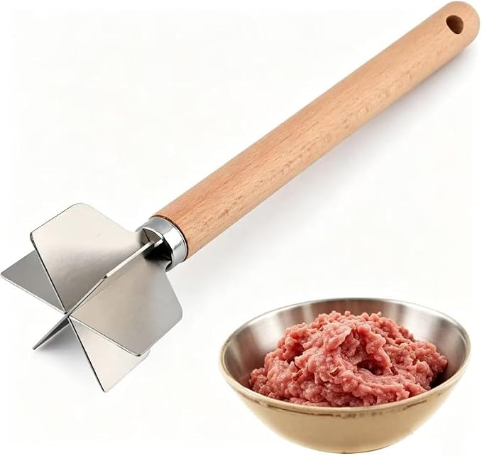 Stainless Steel Meat Chopper with Wooden Handle, 11inch Meat Masher and Tenderizer, Ground Beef Chopper Tool, Hamburger Smasher Tool