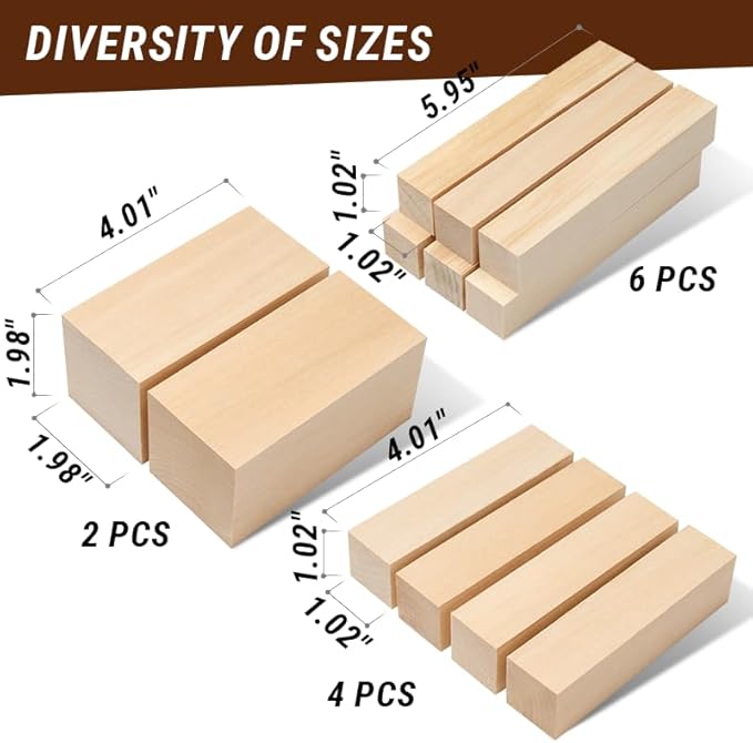 BeaverCraft Basswood Carving Blocks BW12 pcs Whittling Wood Set for Crafts - Wooden Block, Soft Unfinished Wood for Carving