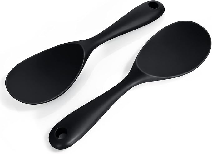 2 Pcs Silicone Rice Paddle,Non Stick Rice Spoon Scooper Spatula,Heat Resistant Rice Cooker Spoon(Black)