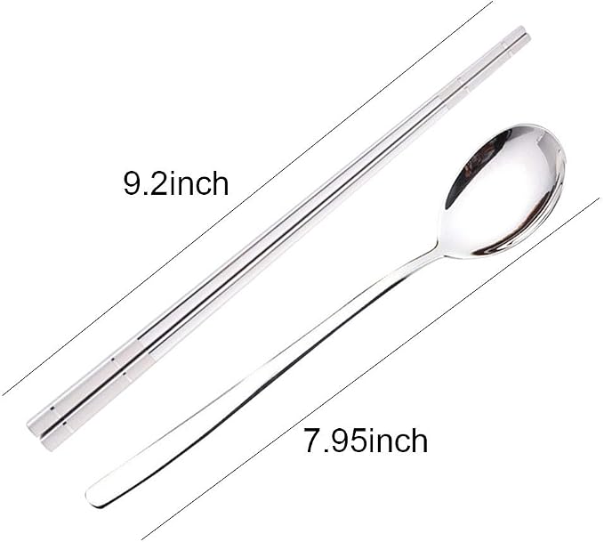 Reusable Korean Chopstick and Spoon Set, Long Handle Stainless Steel Soup Spoon and Chopsticks, Dishwasher Safe, Set of 3. (Silver)