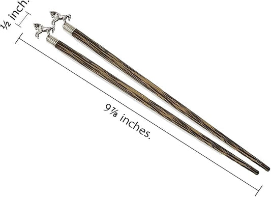 Wooden Chopsticks 9⅞" Long Coconut Palm Wood Chopstick With Metal Horse Top Eating Utensils Oriental Cutlery Asian Tableware Decorative Dinnerware to Serve Chinese Japanese Korean Food