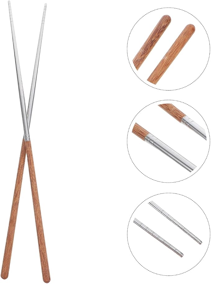 Kichvoe 15.75 Inch Long Cooking Chopsticks, Stainless Steel with Wooden Handle, Non-Slip Utensil for Chinese Cooking, Hot Pot, BBQ, Noodles and Deep Frying, 1 Pair