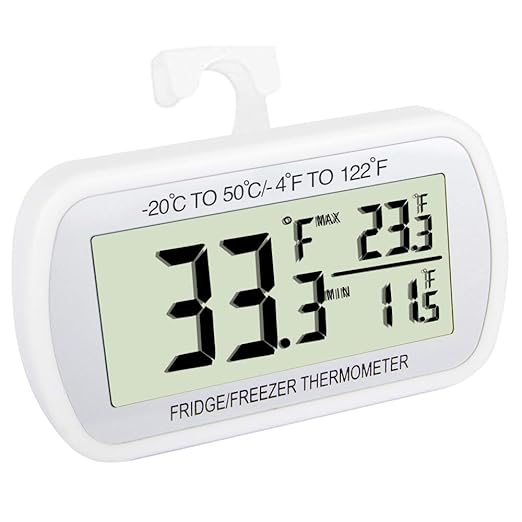 Waterproof Refrigerator Fridge Thermometer, Digital Freezer Room Thermometer, Max/Min Record Function Large LCD Screen and Magnetic Back for Kitchen, Home, Restaurants (1 Pack)