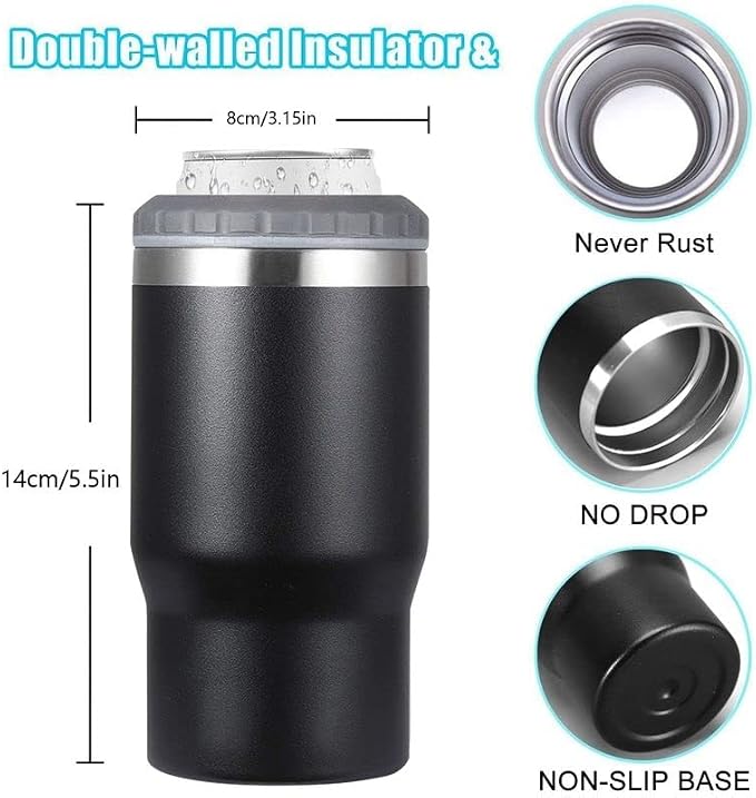 14oz 4 in 1 Stainless Steel Can Cooler Beer Bottle Insulator With 2 Lids for 12oz can&bottle, Double walled insulated Thermocooler &Travel Mug Holder Keeping Your Bevearge Cold (Orange#)