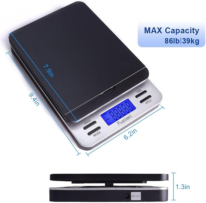 Fuzion Shipping Scale, Accurate Digital Postal Scale 86 lb/0.1 oz | Hold and Tare Function, Package Scale, Postage Scale for Packages and Mailing, LCD Display, Battery and AC Adapter Included