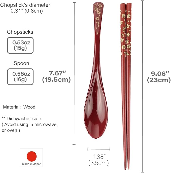 Premium Japanese Chopsticks with Spoon Reusable [ Made in Japan ] Traditional Lacquer Art Wooden Chopsticks (Gold Flower RD(YM2002))