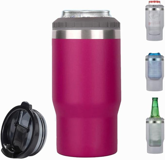 14oz 4 in 1 Stainless Steel Can Cooler Beer Bottle Insulator With 2 Lids for 12oz can&bottle, Double walled insulated Thermocooler &Travel Mug Holder Keeping Your Bevearge Cold (Rose red)