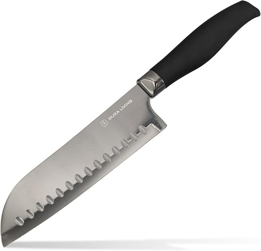 DURA LIVING Santoku Knife - 7 Inch Black Nonstick Titanium Plated Stainless Steel Ultra Sharp Blade, With Ergonomic Comfort Grip Handle Asian Chef's Knife, With Matching Sheath