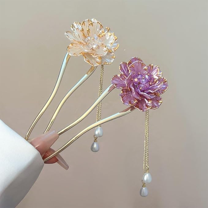 Vintage Pearl Chinese Hair Sticks, Pink and Gold Flower Design, Metal Hair Pins with Tassel, Traditional Oriental Style Hair Chopsticks for Women, 2 Pack