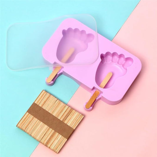 Cute Foot Popsicle Molds Silicone Footprint Ice Pop Molds Homemade Popsicle Silicone Mold with 100pcs Popsicle Sticks Reusable Easy Release Ice Pop Maker (Foot)