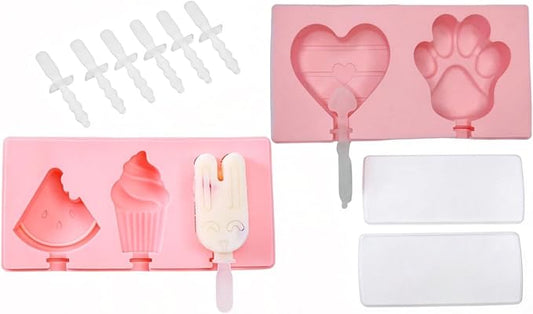 2Pcs Cartoon Popsicles Molds, 5-Cavity Food-Grade Silicone Ice Pop Cream Molds with Reusable Sticks, Stackable Ice Cream Mold, Easy Release, Cute Small Ice Pop Mold for DIY Cake and Ice Cream