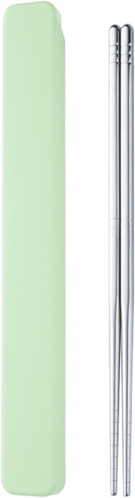Stainless Steel Metal Chopsticks - Reusable 1 Pair with Pull Design Case - Portable Utensil for School, Home, Office, Camp, Travel, Bento Box (Green)