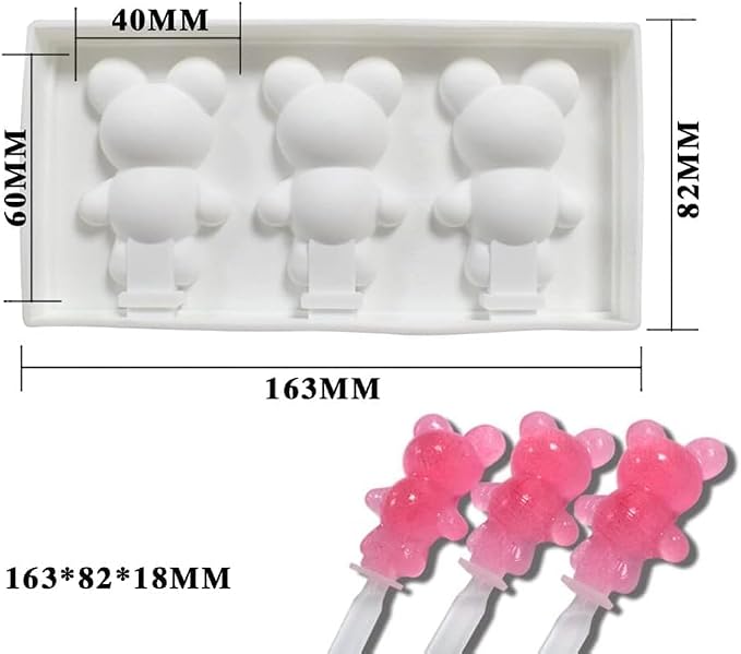 1 Pack Cute Bear Shape Popsicle Molds Silicone Ice Pop Molds 3 Cavities Popsicle Molds for Kids Adults Ice Cream Mold Cakesicles Mould DIY Popsicle Maker Homemade Popsicle Silicone Molds J