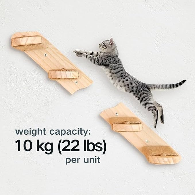 Wall Mounted Cat Shelf, 2 Pack 2 Step Wooden Stairway with Jute Rope, Space-Saving Modular Climbing Ladder for Indoor Cats, for Climbing, Resting, Scratching