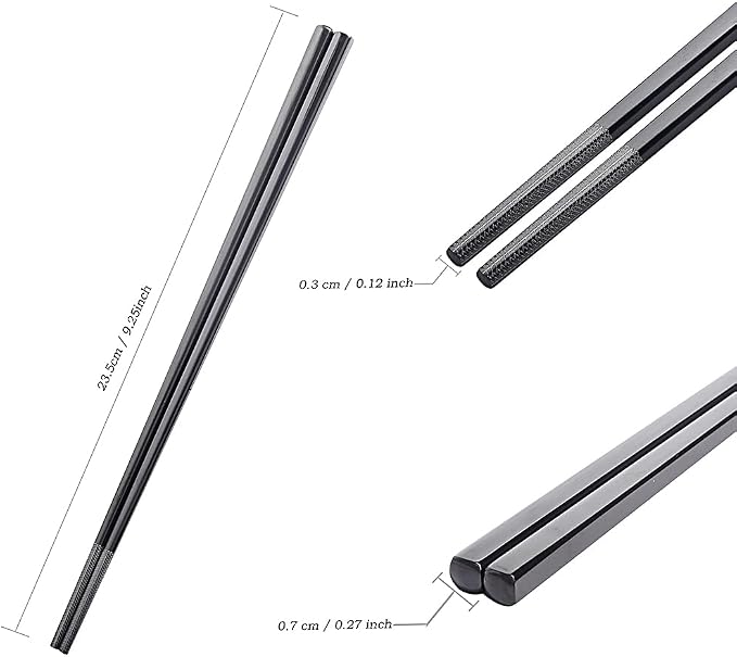 Metal Chopsticks Reusable Black Titanium Plated Stainless Steel Chopstick Dishwasher Safe Chop Sticks Japanese Korean Square Chopsticks 9.5Inches Non-Slip for Beginners Food Cooking 5 pairs Gift Set