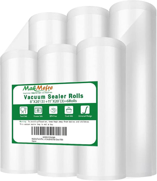MakMeFre 6 Pack 8"x20'(3Rolls) and 11"x20' (3Rolls) Vacuum Sealer Bags Rolls for Food,Commercial Grade, BPA Free,Puncture Prevention,Great for Sous Vide Cooking