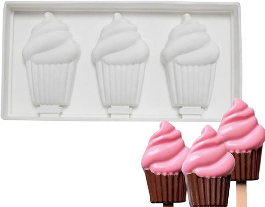 1 Pack Cute Ice Cream Shape Popsicle Molds Silicone Ice Pop Molds 3 Cavities Popsicle Molds for Kids Adults Ice Cream Mold Cakesicles Mould DIY Popsicle Maker Homemade Popsicle Silicone Molds K