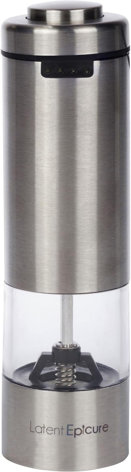 Latent Epicure Electric Salt and Pepper Grinder (SINGLE) - Rechargeable USB-C - Stainless Steel Salt, Pepper or Spice Mill with LED Light - One Handed Operation - Adjustable Ceramic Grinders