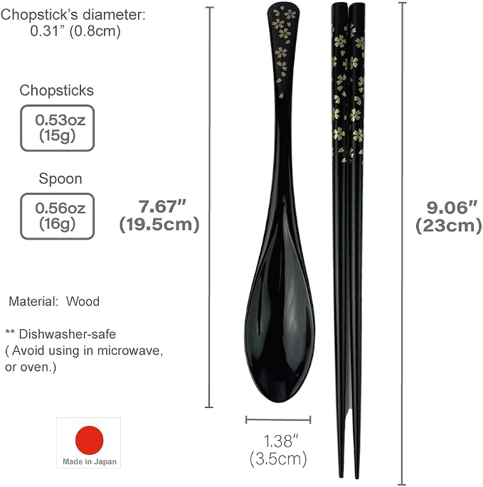 Premium Japanese Chopsticks with Spoon Reusable [ Made in Japan ] Traditional Lacquer Art Wooden Chopsticks (Gold Flower BK(YM2001))
