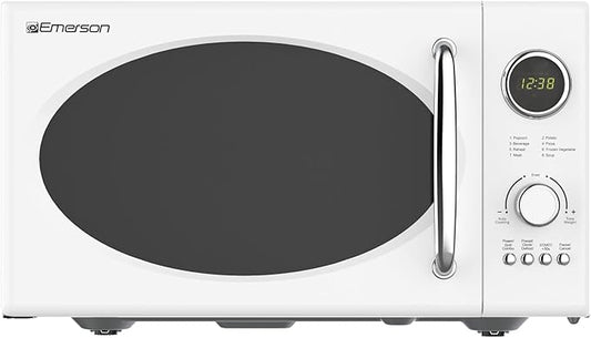 Emerson MWRG0901W 0.9 Cu. Ft. Retro Microwave with 1,000W Grill Function, 800W Cooking Power, LED Display, 5 Power Levels, 8 Auto Menus, Glass Turntable, Child Lock, White Countertop Design