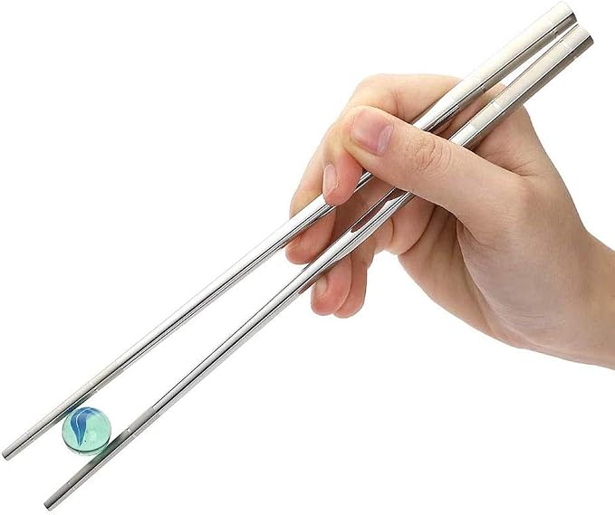 Reusable Korean Chopstick and Spoon Set, Long Handle Stainless Steel Soup Spoon and Chopsticks, Dishwasher Safe, Set of 3. (Silver)