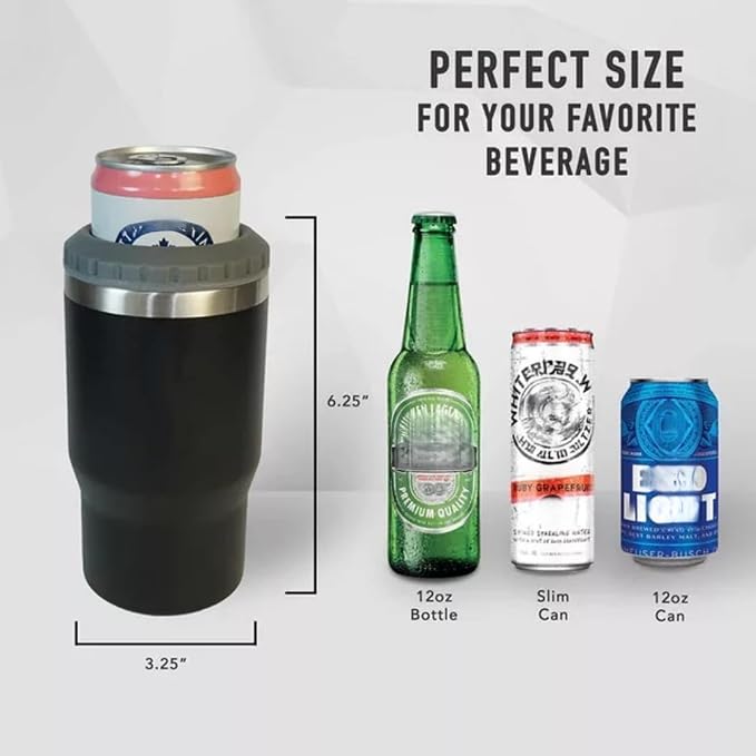 4 in 1 Stainless Steel Can/Bottle Insulator, 14oz Two-Way Lids SUS Insulated Can Cooler, Beer Bottle holder (Black)
