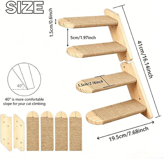 Wall Mounted Cat Shelf, 2 Pack 2 Step Wooden Stairway with Jute Rope, Space-Saving Modular Climbing Ladder for Indoor Cats, for Climbing, Resting, Scratching