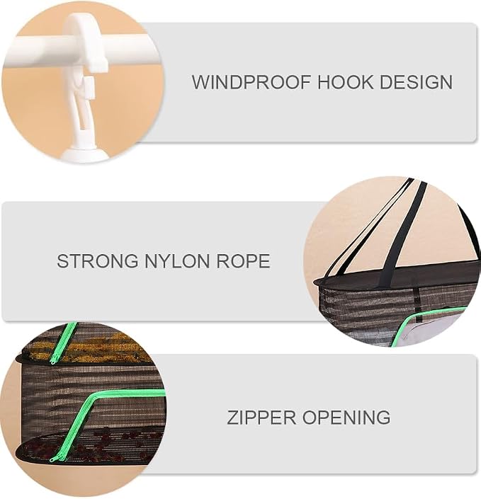 Foldable Drying Net for Vegetables, Fish, and Dehydrated Goods, Multi-Tiered Food Drying Net, Versatile Drying Rack, Windproof Design, Zipper Closure for Insect Protection 3Layer Black