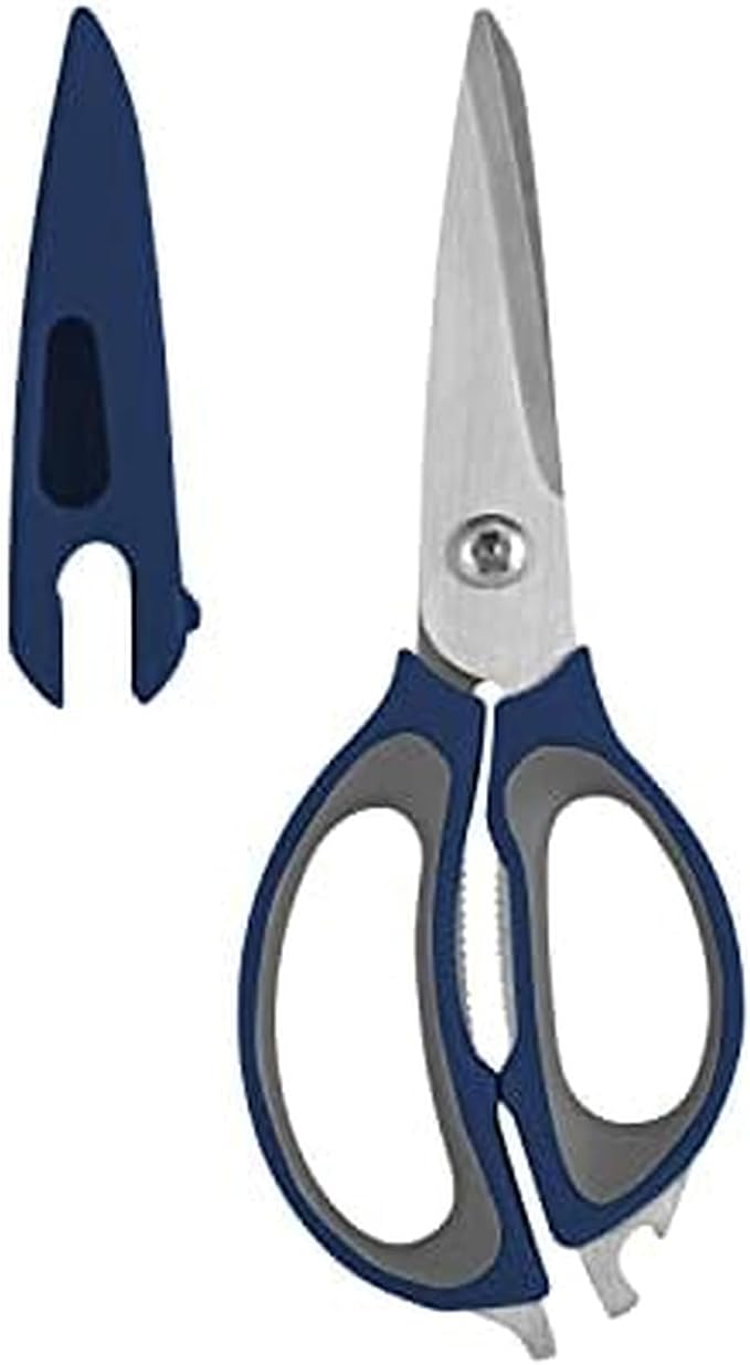 Farberware 4-in-1 Kitchen Scissors, Multi-Function Kitchen Shears with Jar Opener, Bottle Opener and Screwdriver, High-Carbon Stainless Steel Blades, Navy and Grey Ergonomic Handles with Sheath