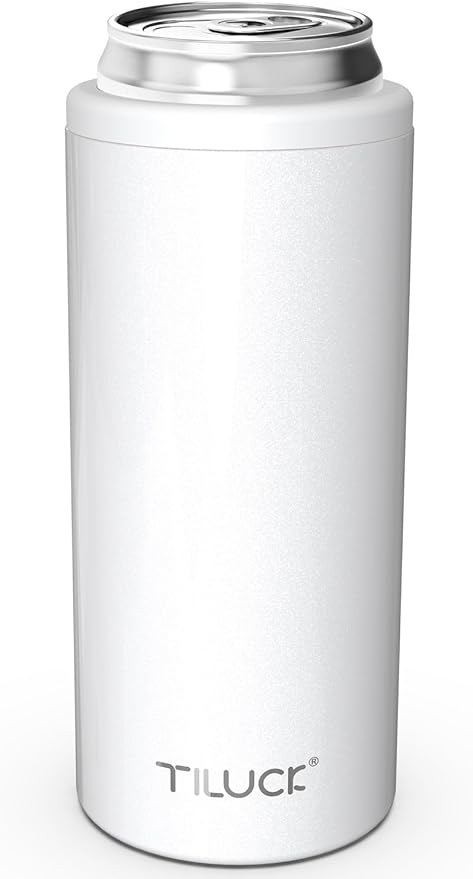 TILUCK Skinny Can Cooler, Stainless Steel Insulated Slim Cans, 12 oz | Beer & Hard Seltzer, Doucle-Walled Stainless Steel Insulated Slim Cans, Slim 12 oz(Glitter White)