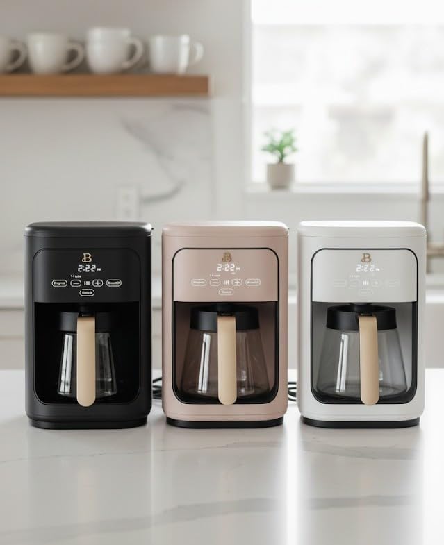 Beautiful 14-Cup Programmable Coffee Maker, Touch-Activated Display, Auto Brew with 3 Flavor Options (White Icing)