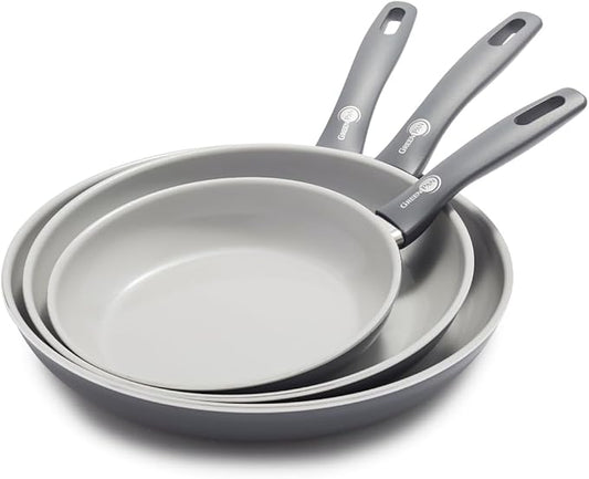 GreenPan Dover 8” 10” and 12” 3 Piece Frying Pan Skillet Set, Non-Toxic PFAS-Free Ceramic Nonstick Coating, Sear Saute Fry Egg Omlete, Dishwasher & Oven Safe, Stay Cool Handle, Easy Pour Rims, Gray