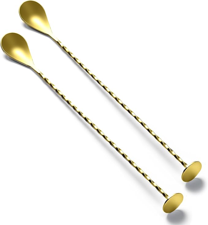 BRIOUT 2 Pcs Bar Spoon, 12 Inches Long Handle Drink Stirrer, Stainless Steel Bar Cocktail Mixing Spoons with Round Base for Stirring, Gold