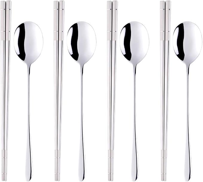 Buyer Star 4 Set Silver Square Chopsticks and Spoon Set Metal Stainless Steel Spoon Chopsticks Set