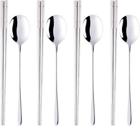 Buyer Star 4 Set Silver Square Chopsticks and Spoon Set Metal Stainless Steel Spoon Chopsticks Set
