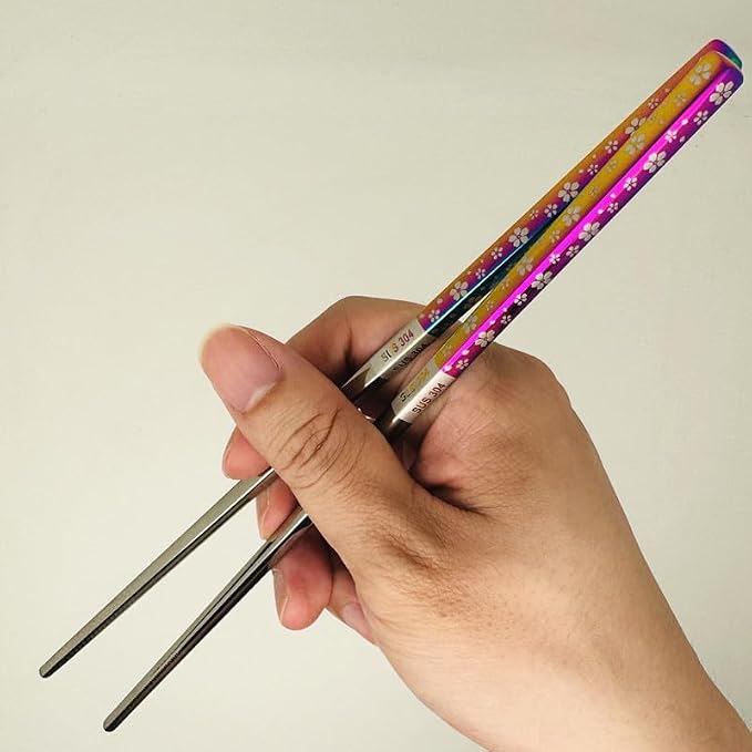 2Pairs Iridescent Stainless Steel Chopstick Reusable Dishwasher Safe Sakura | Anti-slip,Heat-resistant,Engraved Flower Pattern,Multicolor