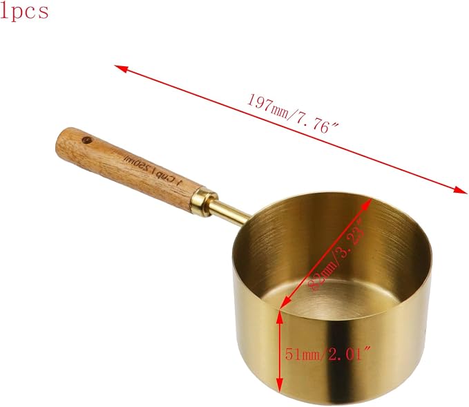 1 Cup Stainless Steel Measuring Cup with Wooden Handle, 250ml | Gold Measuring Scoop, 250ml Measuring Spoon, For Baking, Cooking, Wet and Dry Ingredients