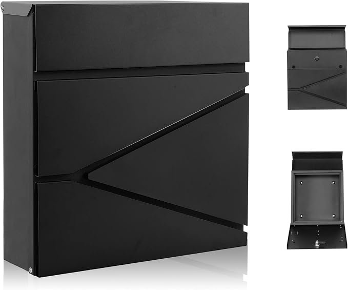 Wall-Mount Mailbox for House Outside, Security Key Drop Box with Lock and Keys, Locking Postbox, Steel Metal Rust-Proof Mail Box, 11.02 x 11.02 x 4.33 Inch, Black, MD021