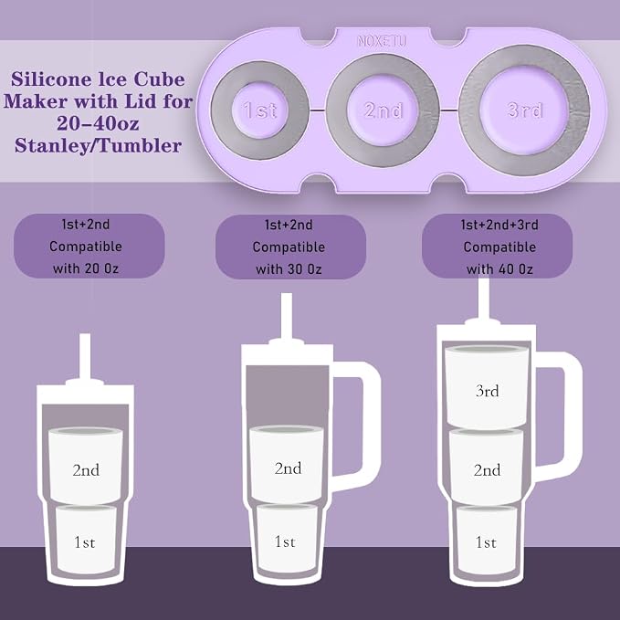 2PC Silicone Ice Mold for Stanley Cup 30 40oz, Tumbler Ice Maker | Easy Fill and Release Without Touching Ice, Ice Cube Tray with Clear Lid for Freezer, Whiskey, Cocktail (Purple+Purple)