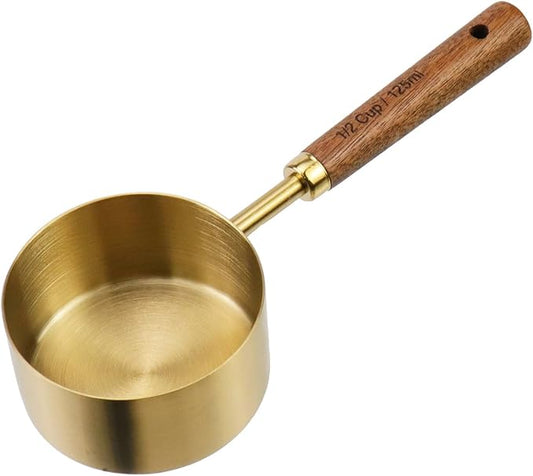 1/2 Cup Stainless Steel Measuring Cup with Wooden Handle, 125ml | Gold Measuring Scoop, 125ml Metal Measuring Spoon, For Baking, Cooking, Wet and Dry Ingredients