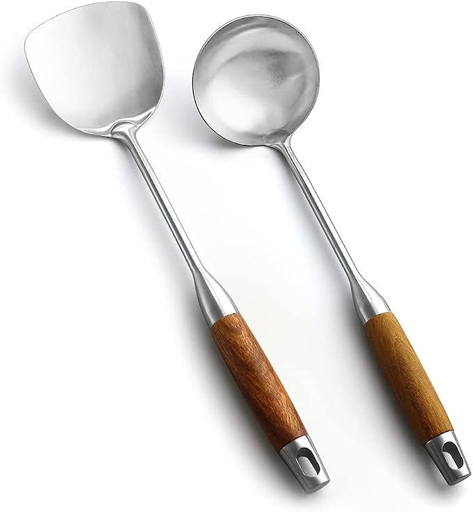 Wok Spatula & Ladle Set, AOOSY 304 Stainless Steel Cooking Utensils,2 Pcs | Wooden Handle Wok Utensils Soup Ladle Wok Spatula, 15 In