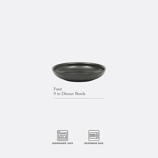 Gibson Elite Beckett 4-Piece 9 Inch Dinner Plate Bowl Set – Reactive Glaze Stoneware – Shallow Serving Pasta Bowls (Blate) – Round Wide-Rim Design – Microwave & Dishwasher Safe - Black
