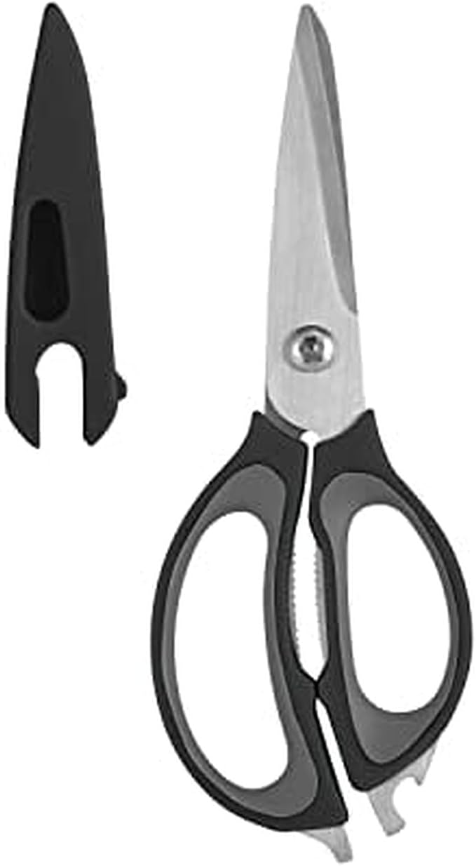 Farberware 4-in-1 Kitchen Shears with Sheath, High-Carbon Stainless Steel Scissors with Bottle Opener, Jar Opener and Screwdriver, Grey and Black Ergonomic Handle